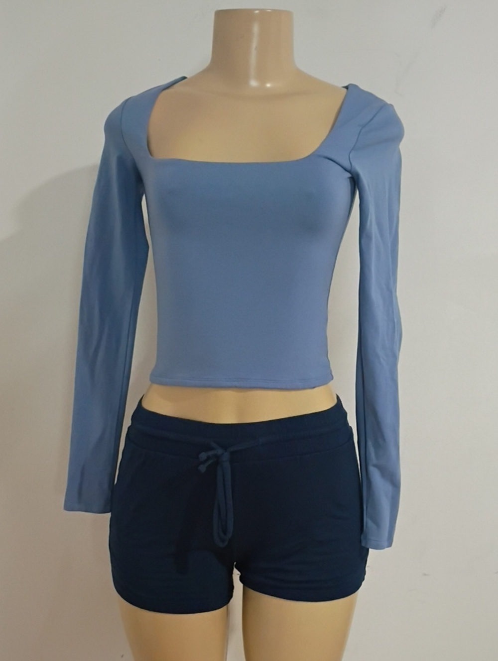 Garage Light Blue Square-Neck Long Sleeve Crop Top